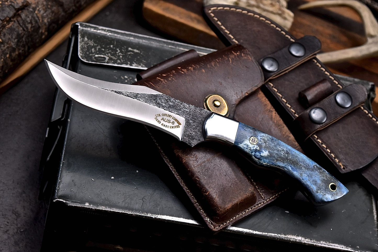 CFK Handmade AUS 8 Custom BLUE CAMEL BONE Hunting BIG GAME Skinner Sport Knife Set