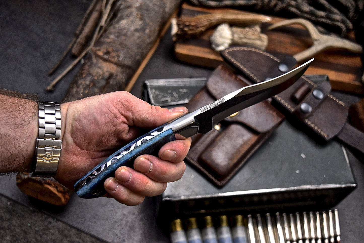 CFK Handmade AUS 8 Custom BLUE CAMEL BONE Hunting BIG GAME Skinner Sport Knife Set
