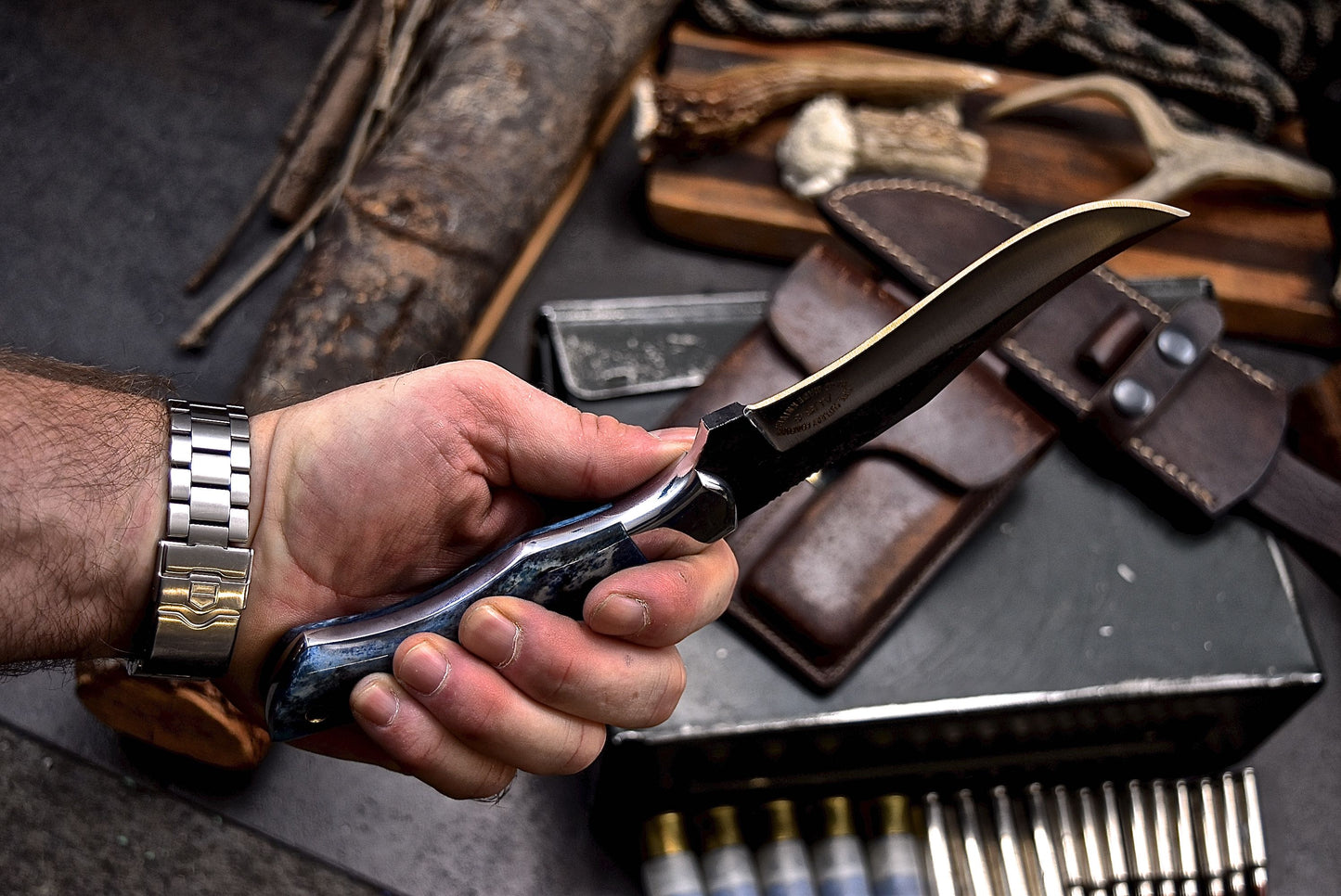 CFK Handmade AUS 8 Custom BLUE CAMEL BONE Hunting BIG GAME Skinner Sport Knife Set