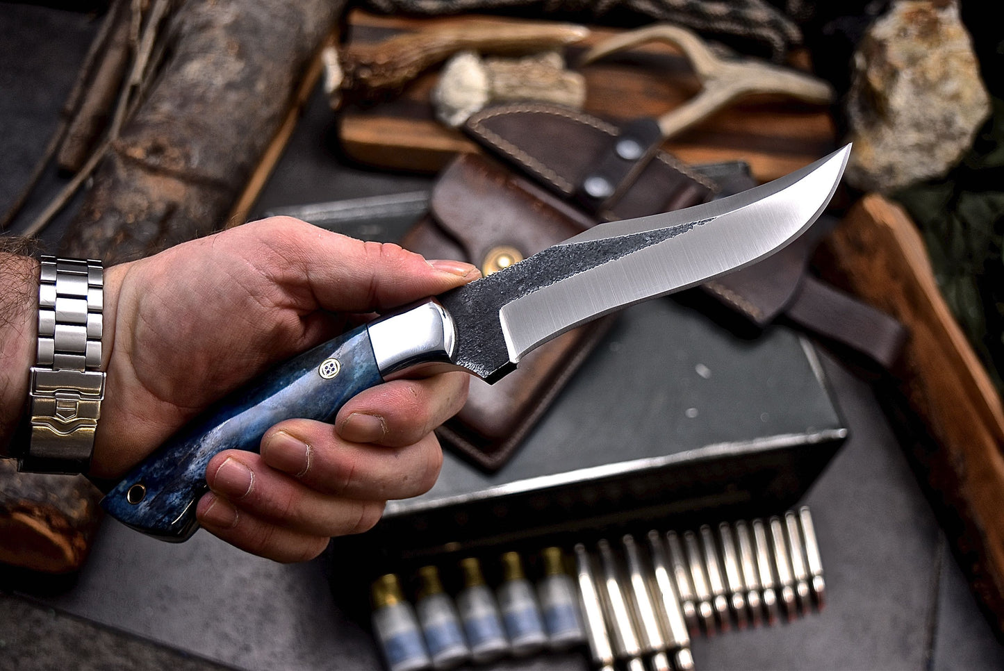 CFK Handmade AUS 8 Custom BLUE CAMEL BONE Hunting BIG GAME Skinner Sport Knife Set
