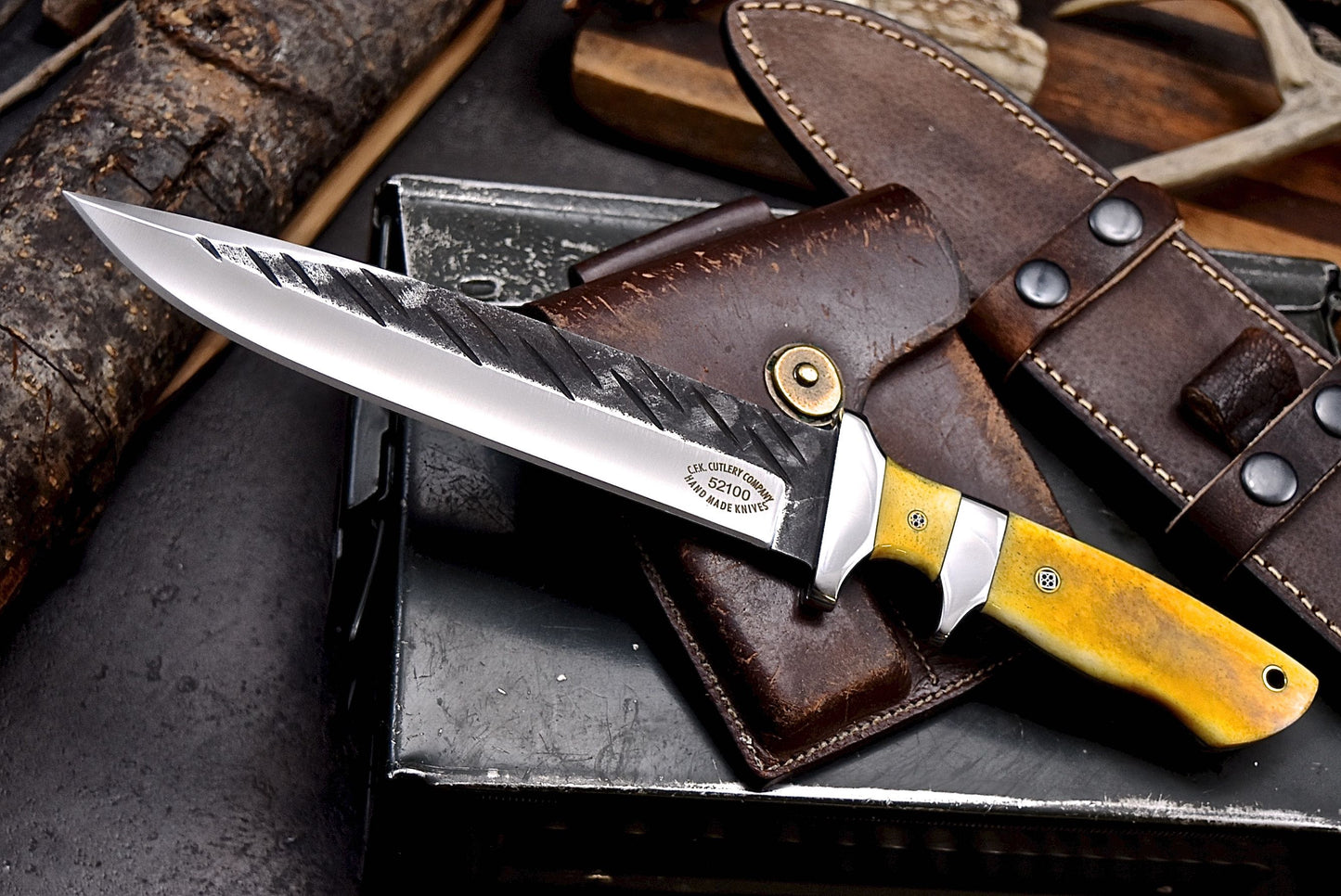 CFK Handmade 52100 Custom ORANGE CAMEL BONE Sub Hilt Hunting Camping Knife Set
