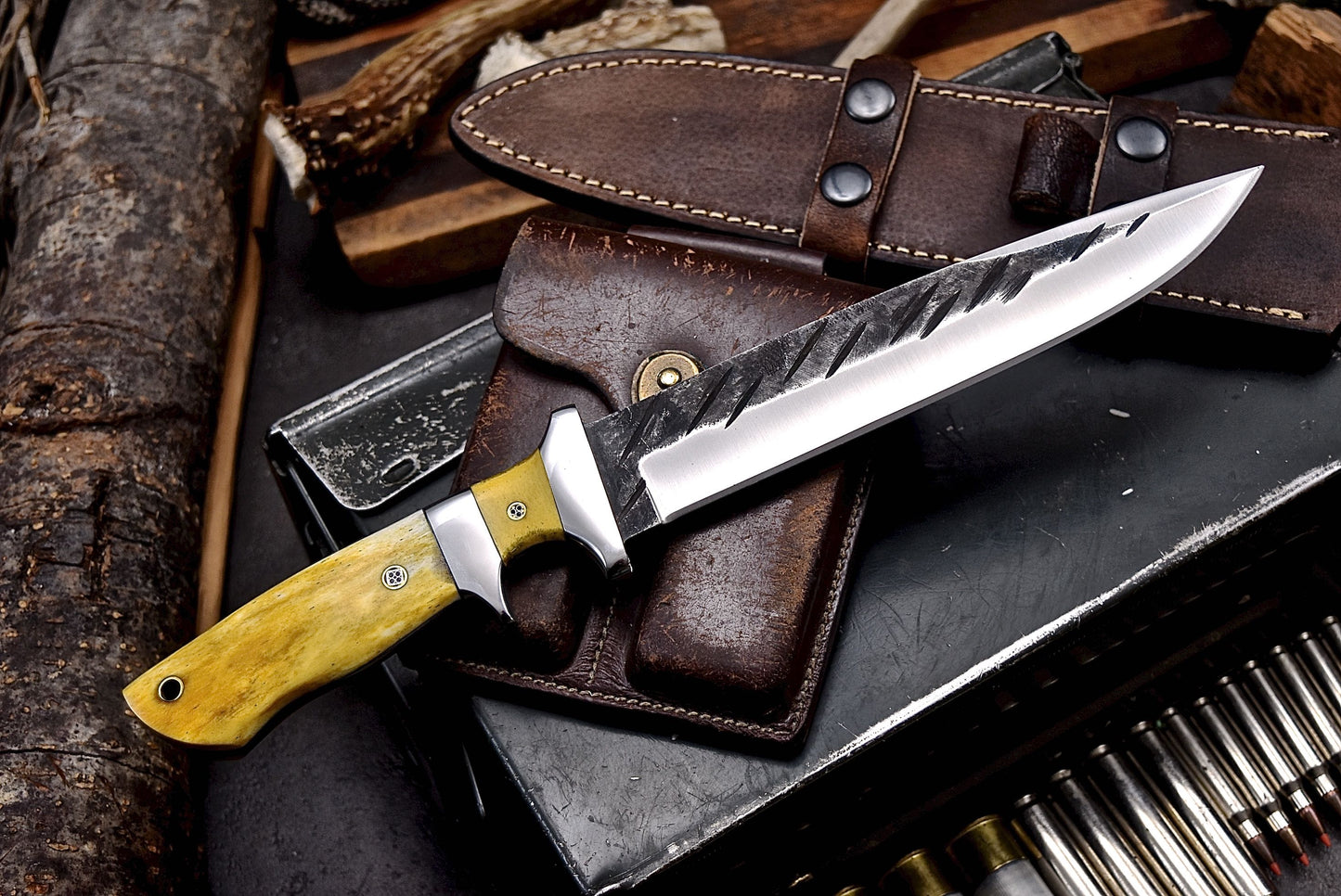 CFK Handmade 52100 Custom ORANGE CAMEL BONE Sub Hilt Hunting Camping Knife Set