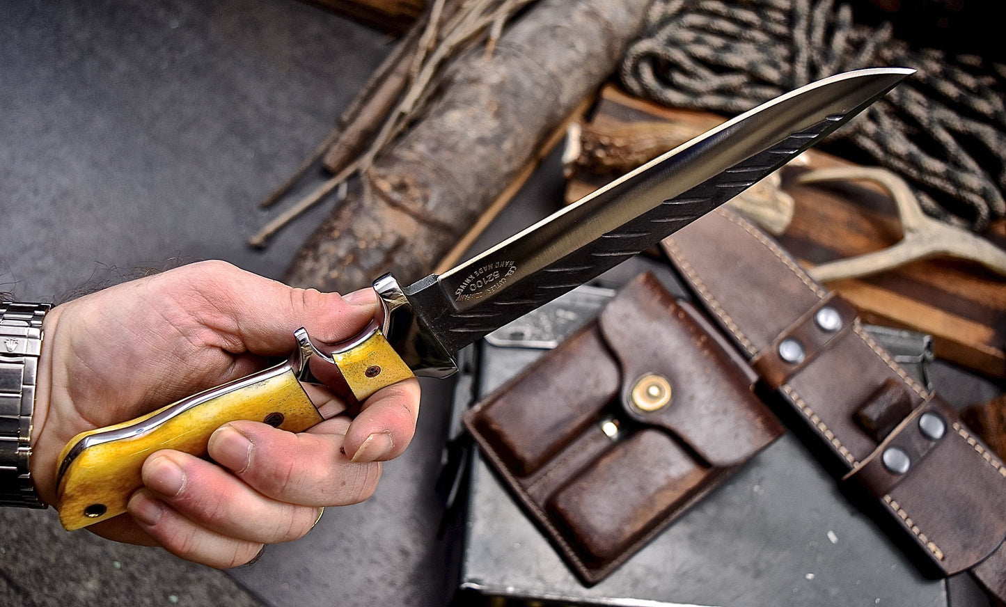 CFK Handmade 52100 Custom ORANGE CAMEL BONE Sub Hilt Hunting Camping Knife Set