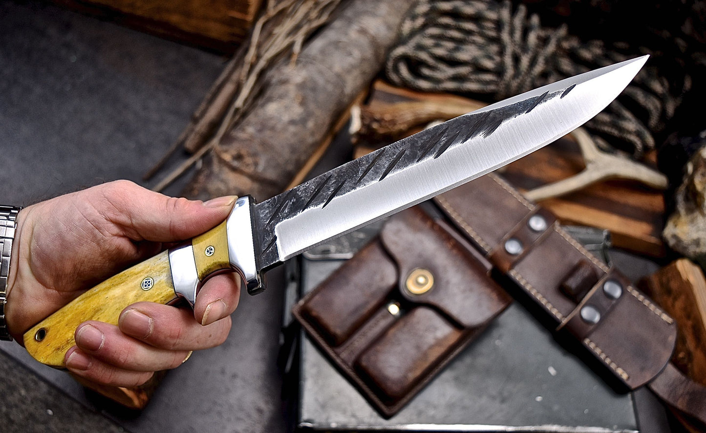 CFK Handmade 52100 Custom ORANGE CAMEL BONE Sub Hilt Hunting Camping Knife Set