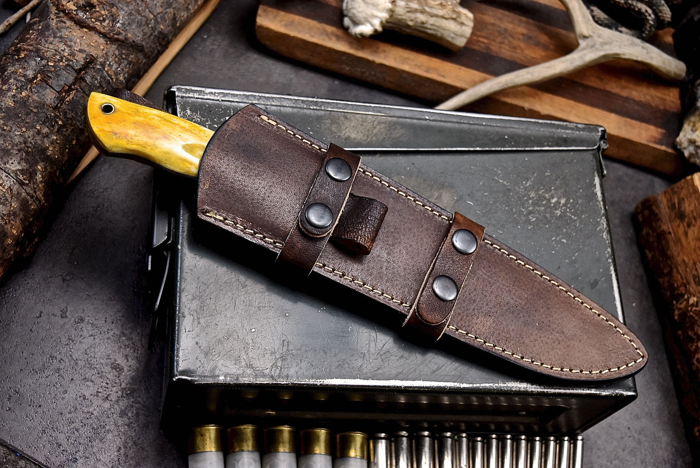 CFK Handmade 52100 Custom ORANGE CAMEL BONE Sub Hilt Hunting Camping Knife Set