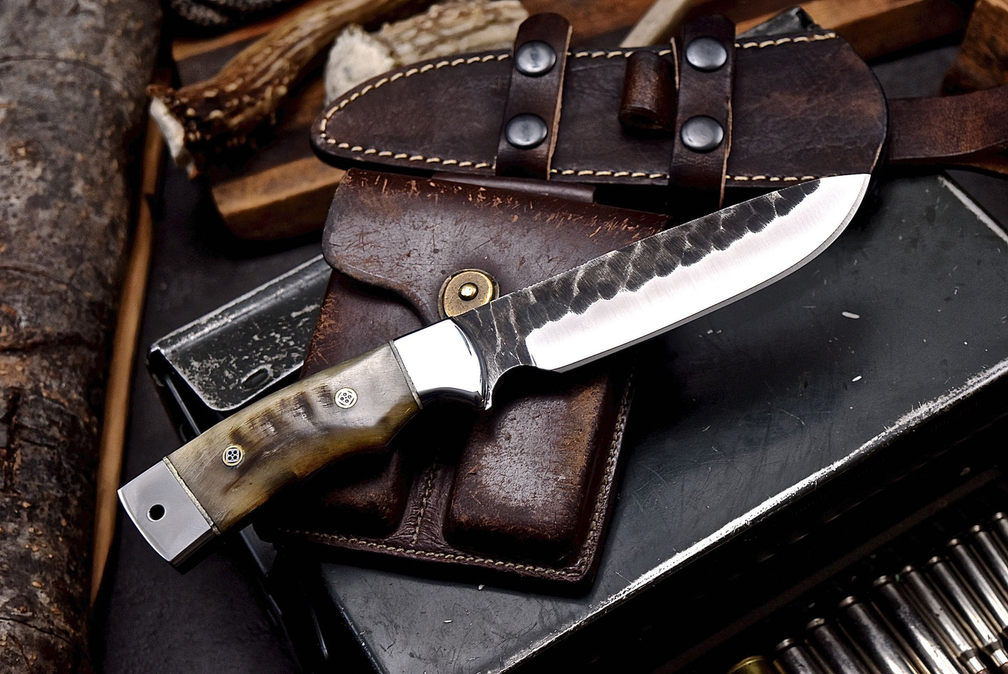 CFK Handmade 440C Custom GENUINE SHEEP HORN Hunting Skinner Camping Knife Set