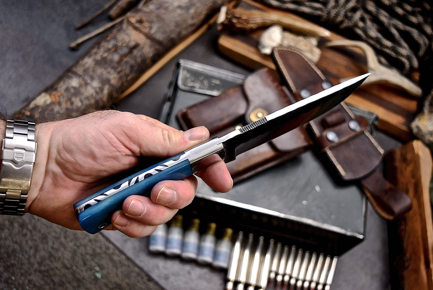 CFK Handmade 440C Custom BLUE CAMEL BONE Hunting Skinner Camping Sport Knife Set A