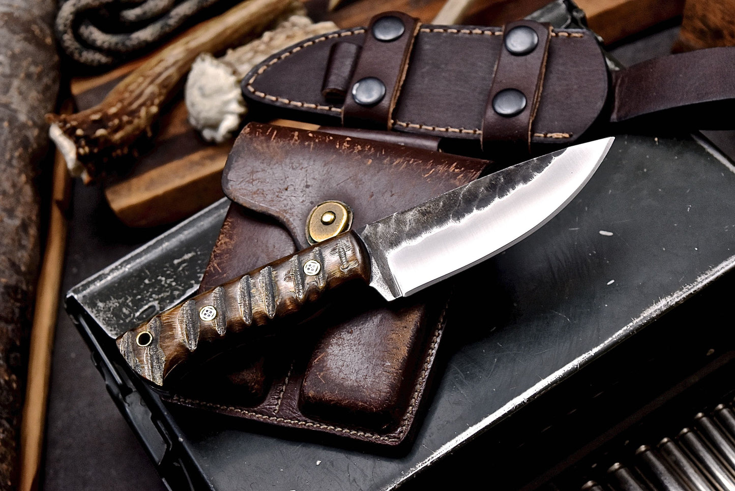 CFK Handmade D2 Custom SHEEP HORN Hunting Skinner Camping Sport Knife Set