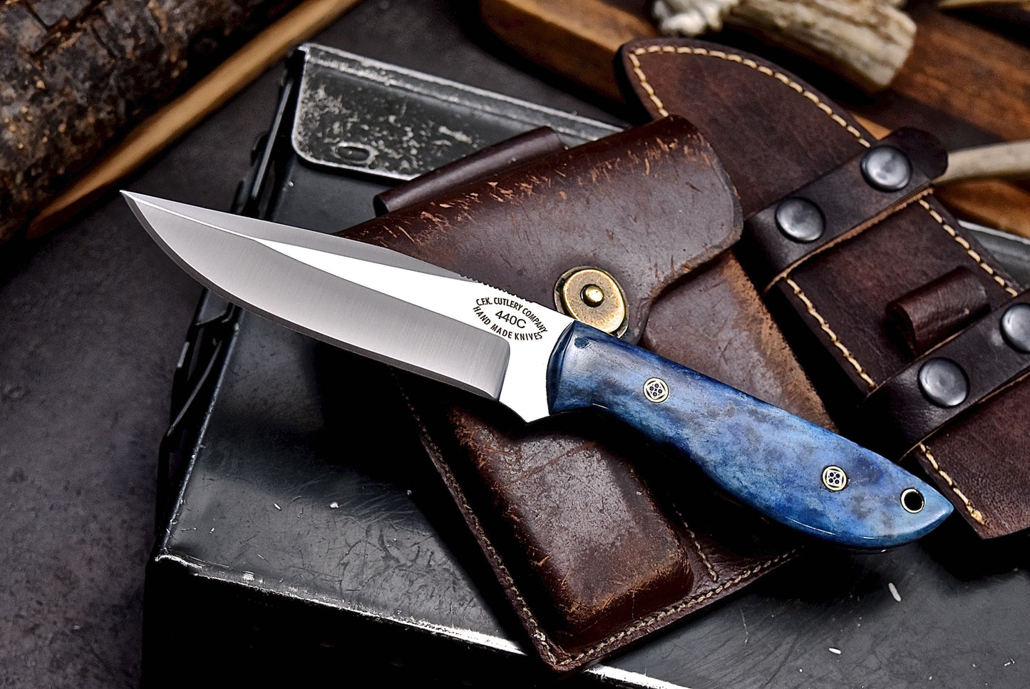 CFK Handmade 440C Custom BLUE CAMEL BONE Hunting Skinner Camping Sport Knife Set