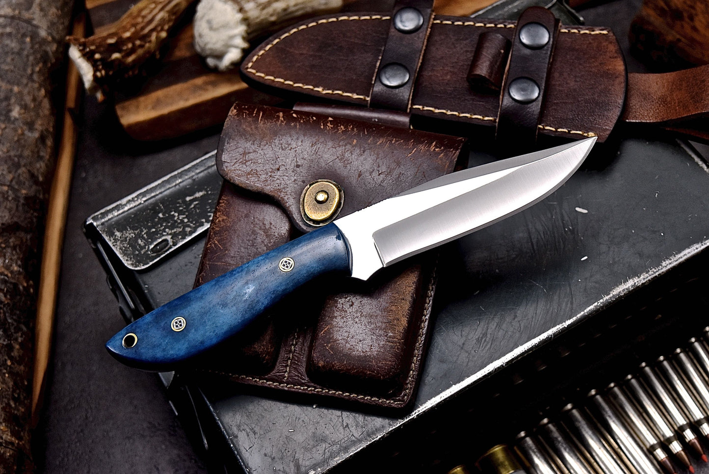 CFK Handmade 440C Custom BLUE CAMEL BONE Hunting Skinner Camping Sport Knife Set