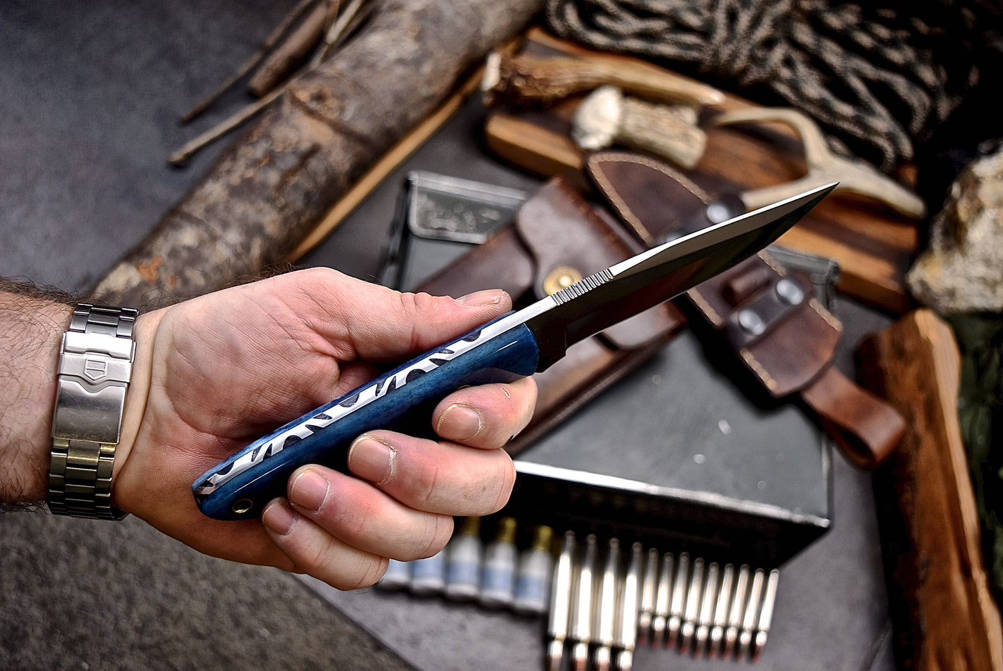 CFK Handmade 440C Custom BLUE CAMEL BONE Hunting Skinner Camping Sport Knife Set