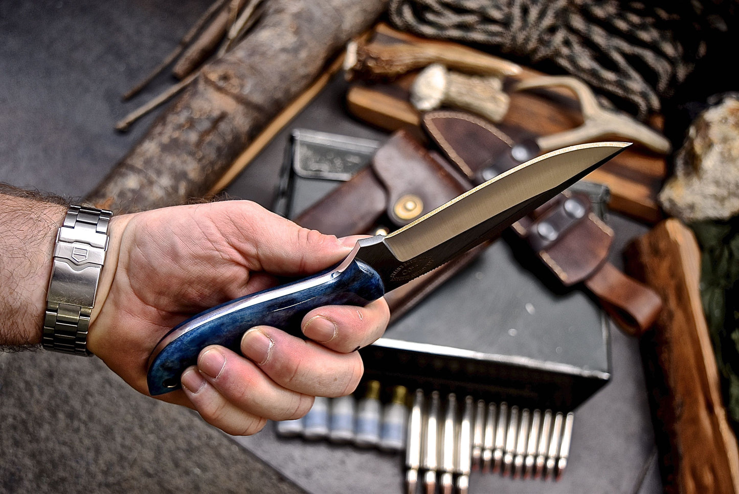 CFK Handmade 440C Custom BLUE CAMEL BONE Hunting Skinner Camping Sport Knife Set