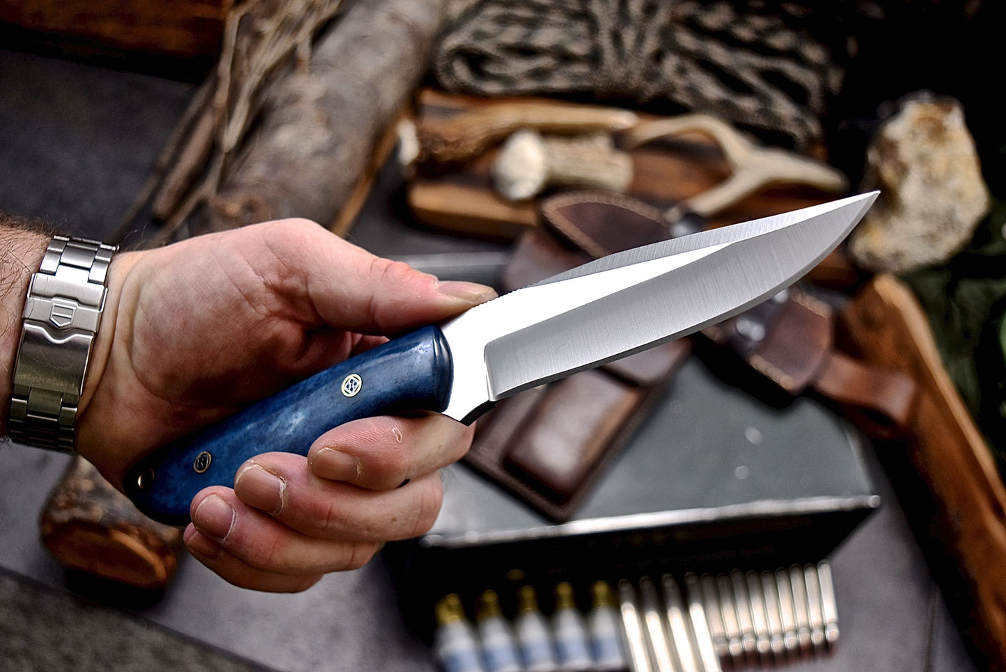 CFK Handmade 440C Custom BLUE CAMEL BONE Hunting Skinner Camping Sport Knife Set