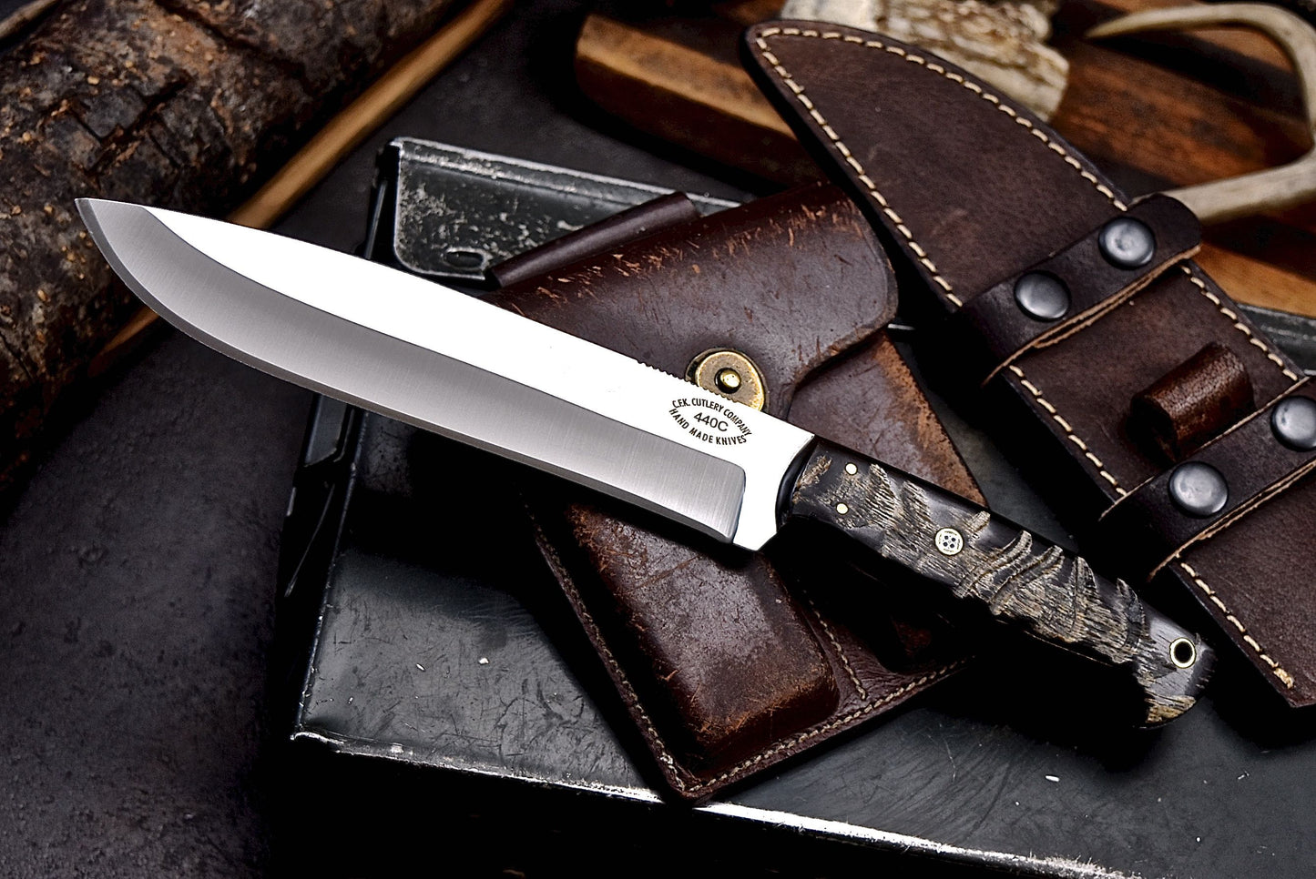 CFK Handmade 440C Custom SHEEP HORN Large Hunting Chopper Camping Knife Set