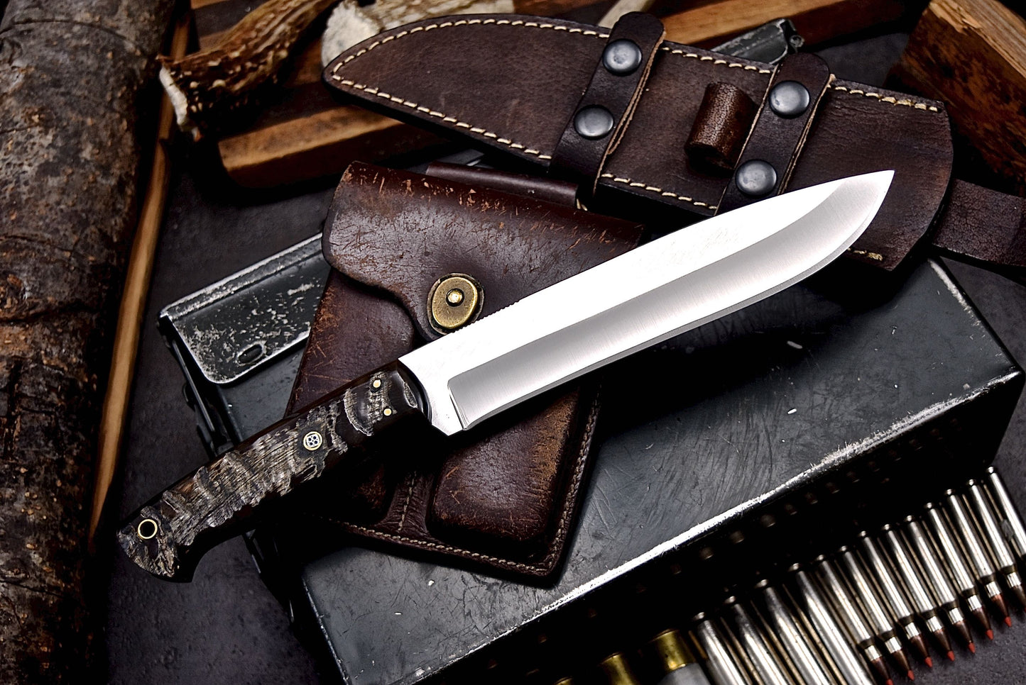 CFK Handmade 440C Custom SHEEP HORN Large Hunting Chopper Camping Knife Set