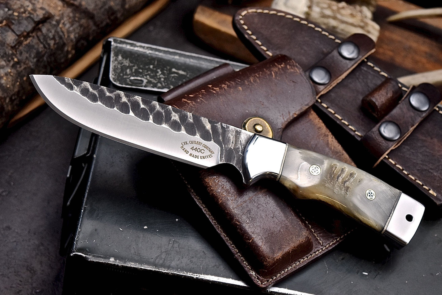 CFK Handmade 440C Custom GENUINE SHEEP HORN Hunting Skinner Camping Knife Set